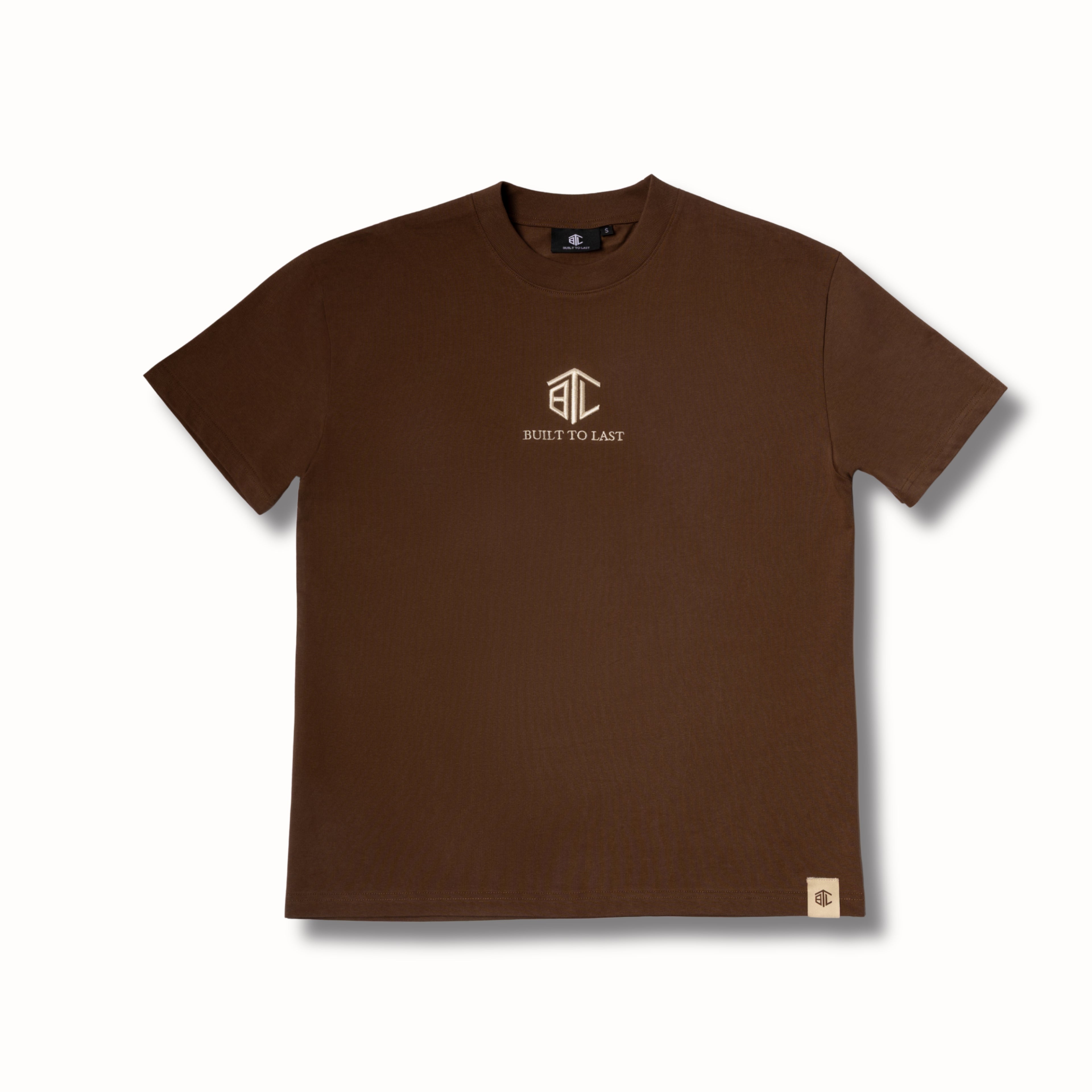 Front view of Built to Last Eternal Tee Chocolate heavyweight cotton T-shirt with embroidered chest logo