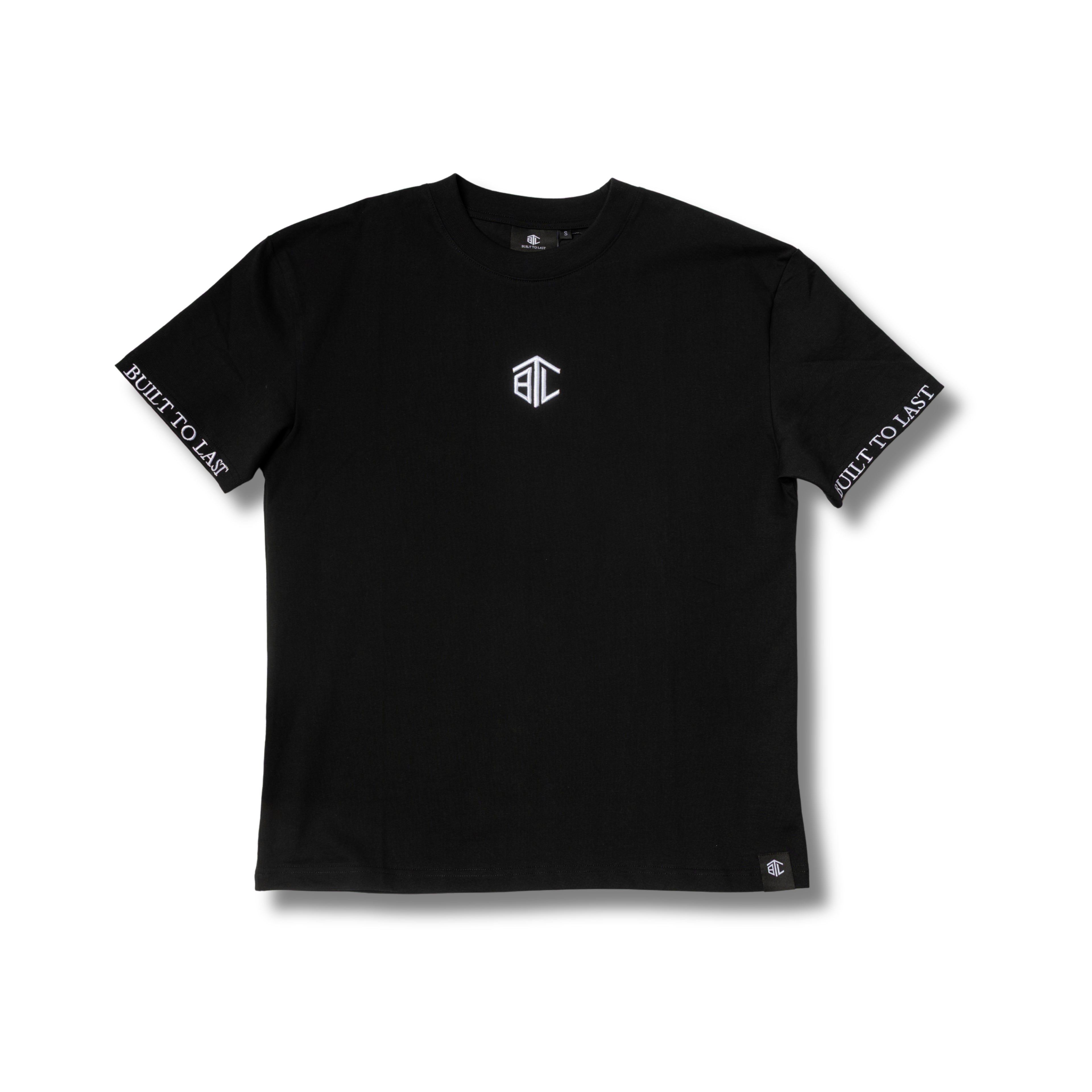 Front view of Built to Last Monolith Tee Black embroidered chest logo on premium heavyweight cotton T-shirt