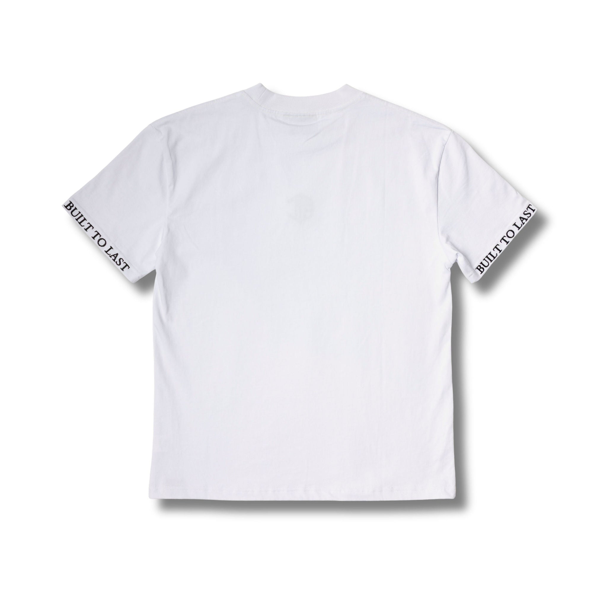 Back view of Built to Last Monolith Tee White heavyweight cotton T-shirt with minimalist design and branded sleeve print