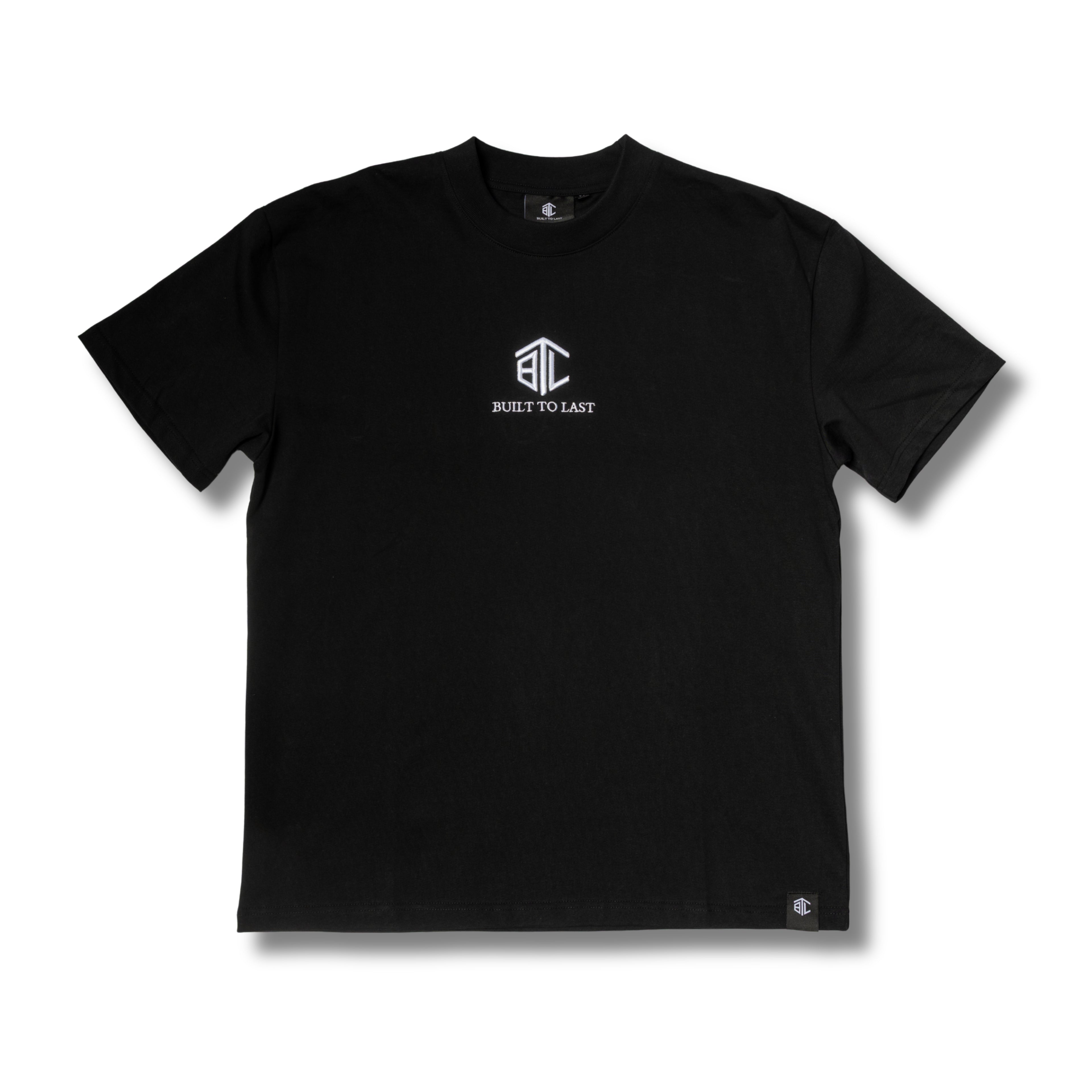 Front view of Built to Last Eternal Tee Black heavyweight cotton T-shirt with embroidered chest logo