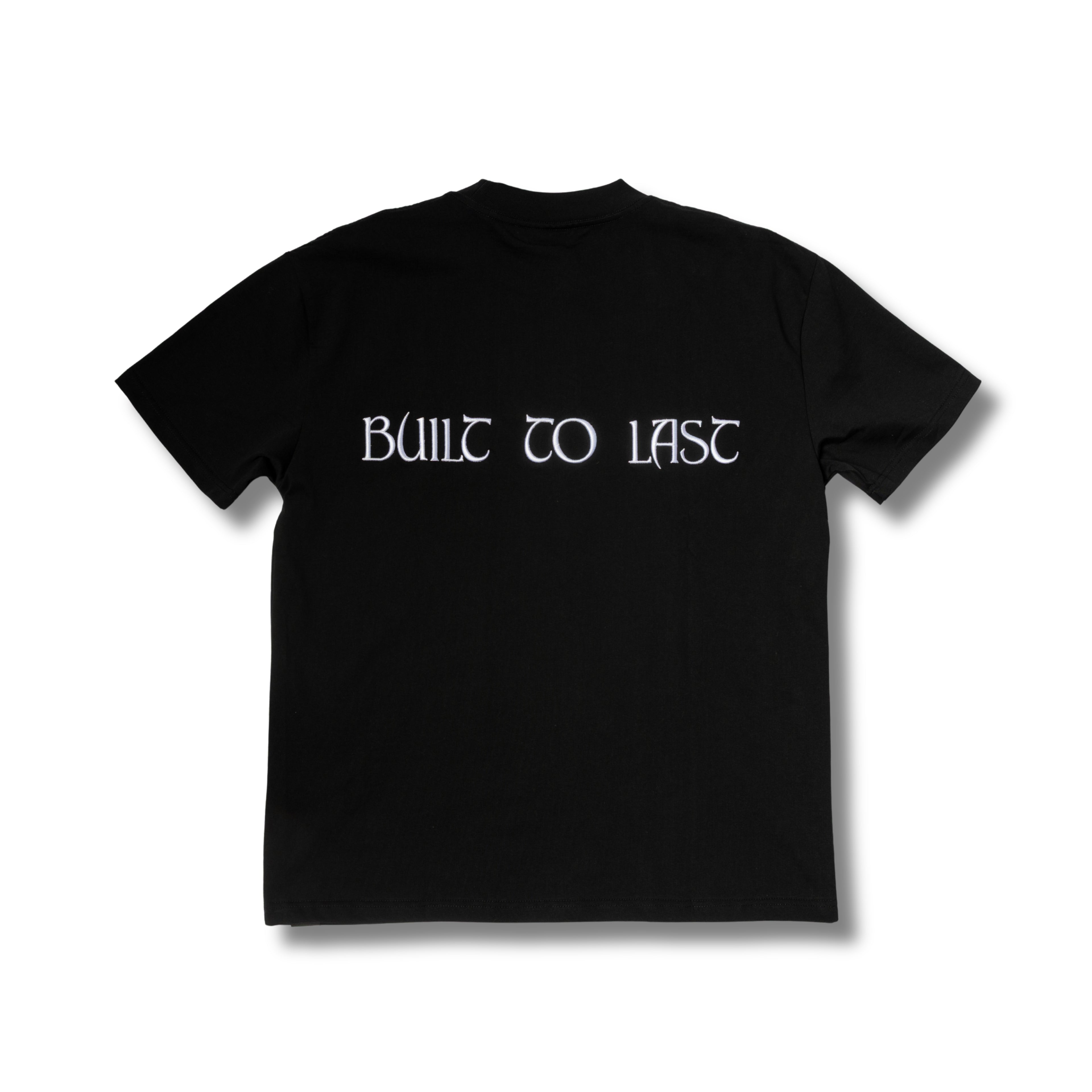 Back view of Built to Last Eternal Tee Black premium heavyweight cotton T-shirt with embroidered Built To Last at the back