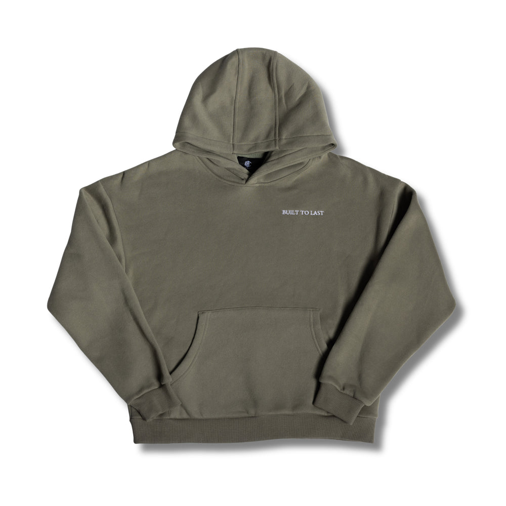 Flat lay full view of women's olive relaxed fit hoodie by Built To Last.