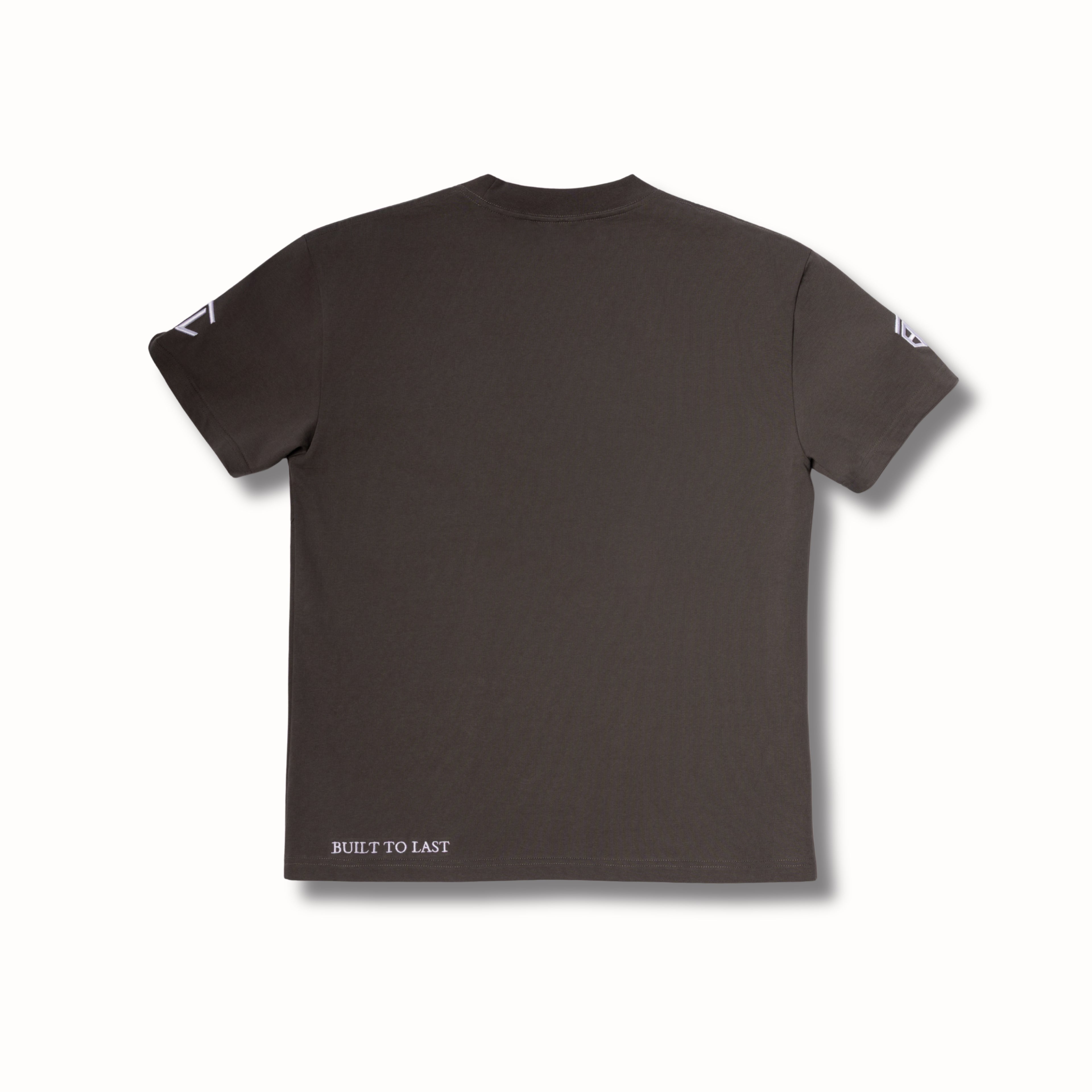 Back view of Built to Last Legacy Tee Stone heavyweight cotton T-shirt with minimalist design and signature hem branding