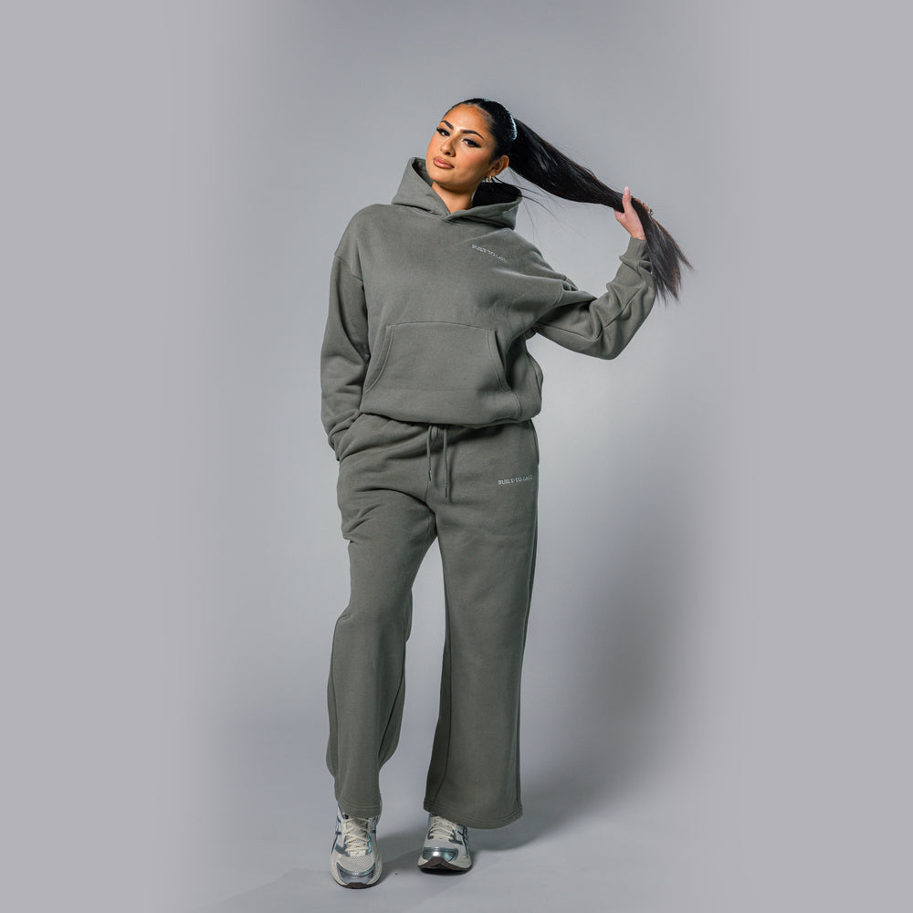 Women's olive relaxed fit hoodie and sweatpants tracksuit set by Built To Last.