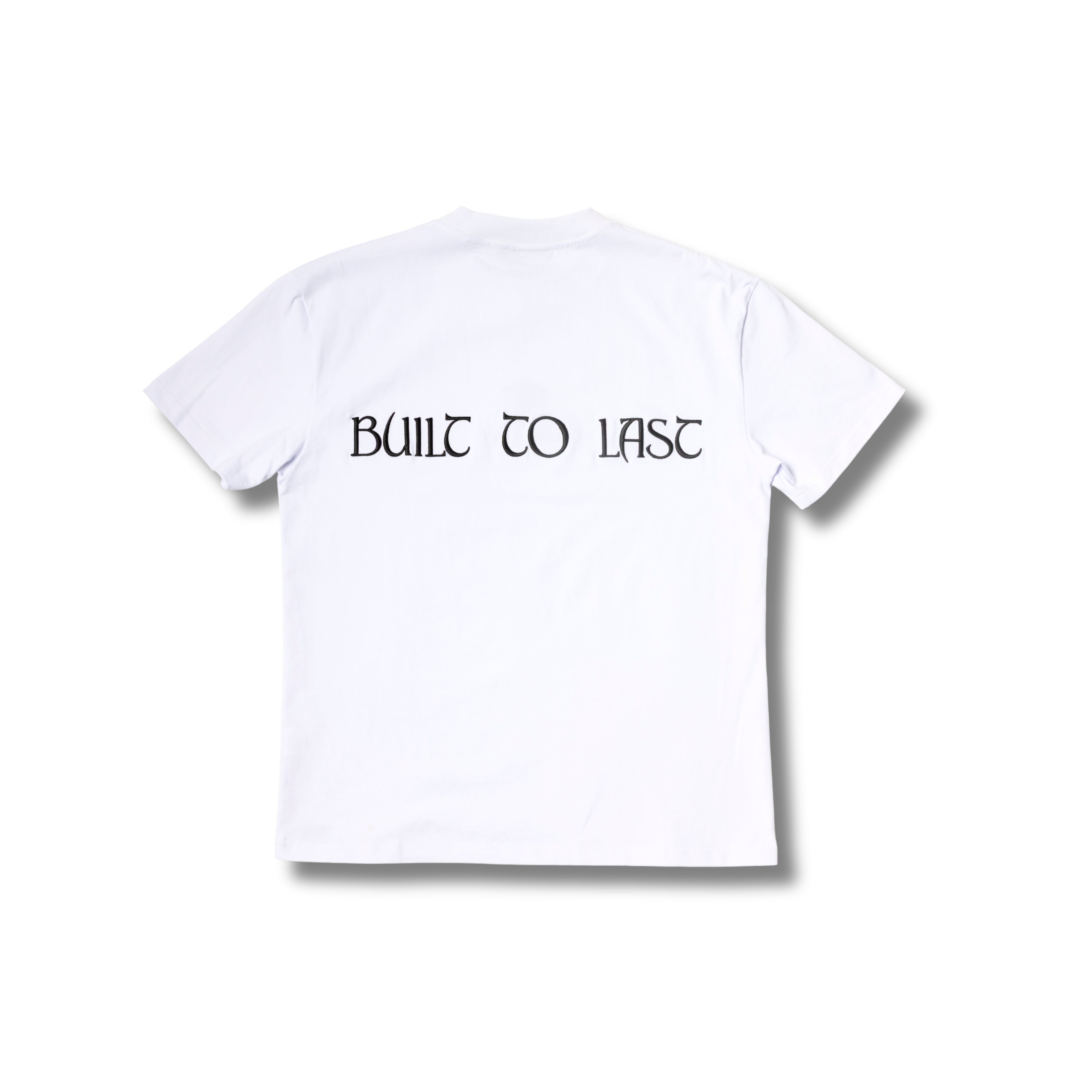 Back view of Built to Last Eternal Tee White premium heavyweight cotton T-shirt with embroidered Built To Last at the back