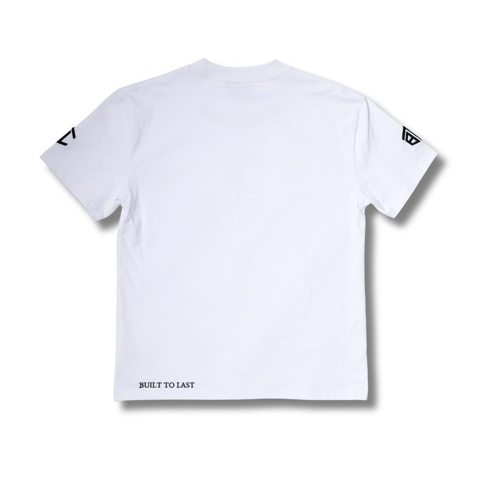 Back view of Built to Last Legacy Tee White heavyweight cotton T-shirt with minimalist design and signature hem branding