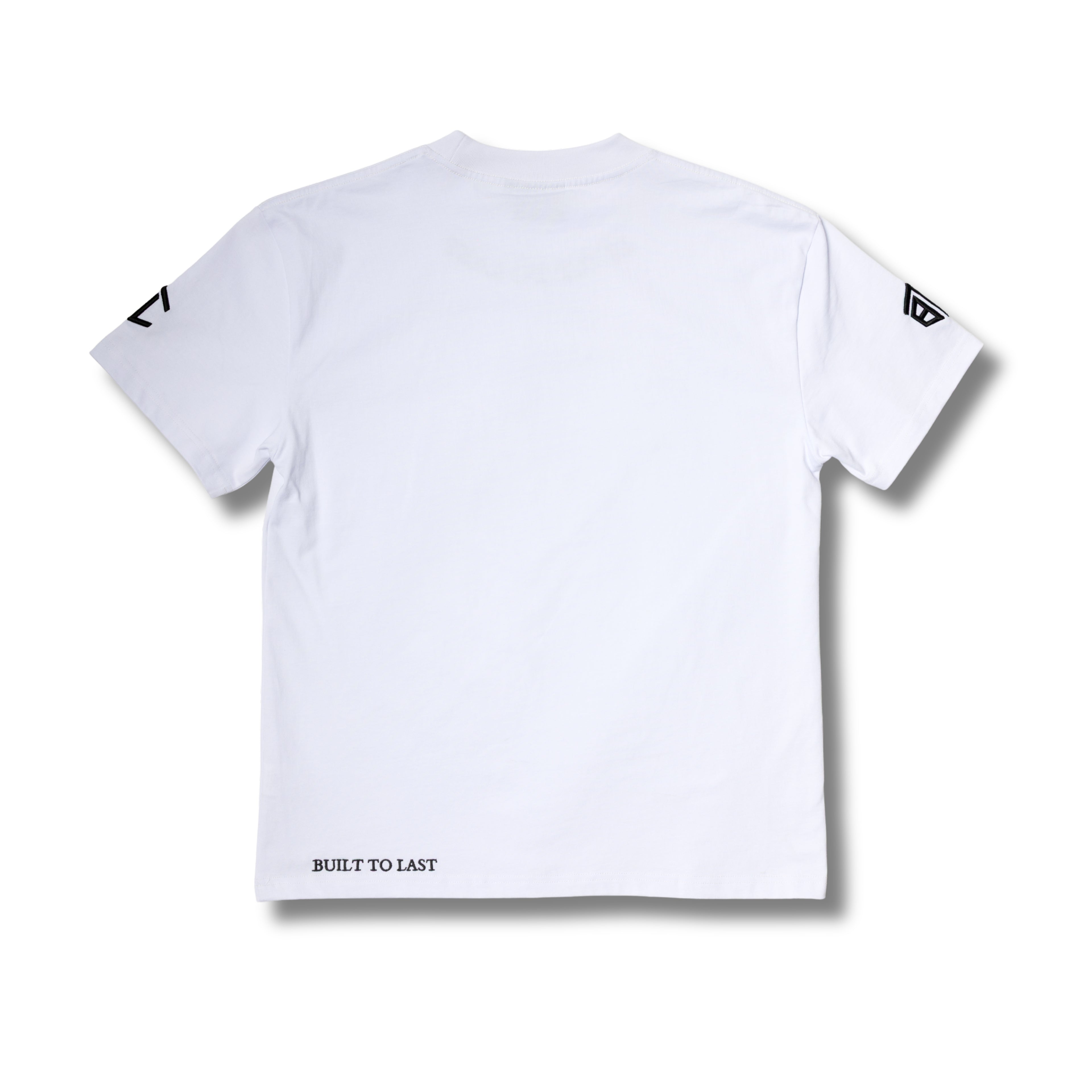 Back view of Built to Last Legacy Tee White heavyweight cotton T-shirt with minimalist design and signature hem branding