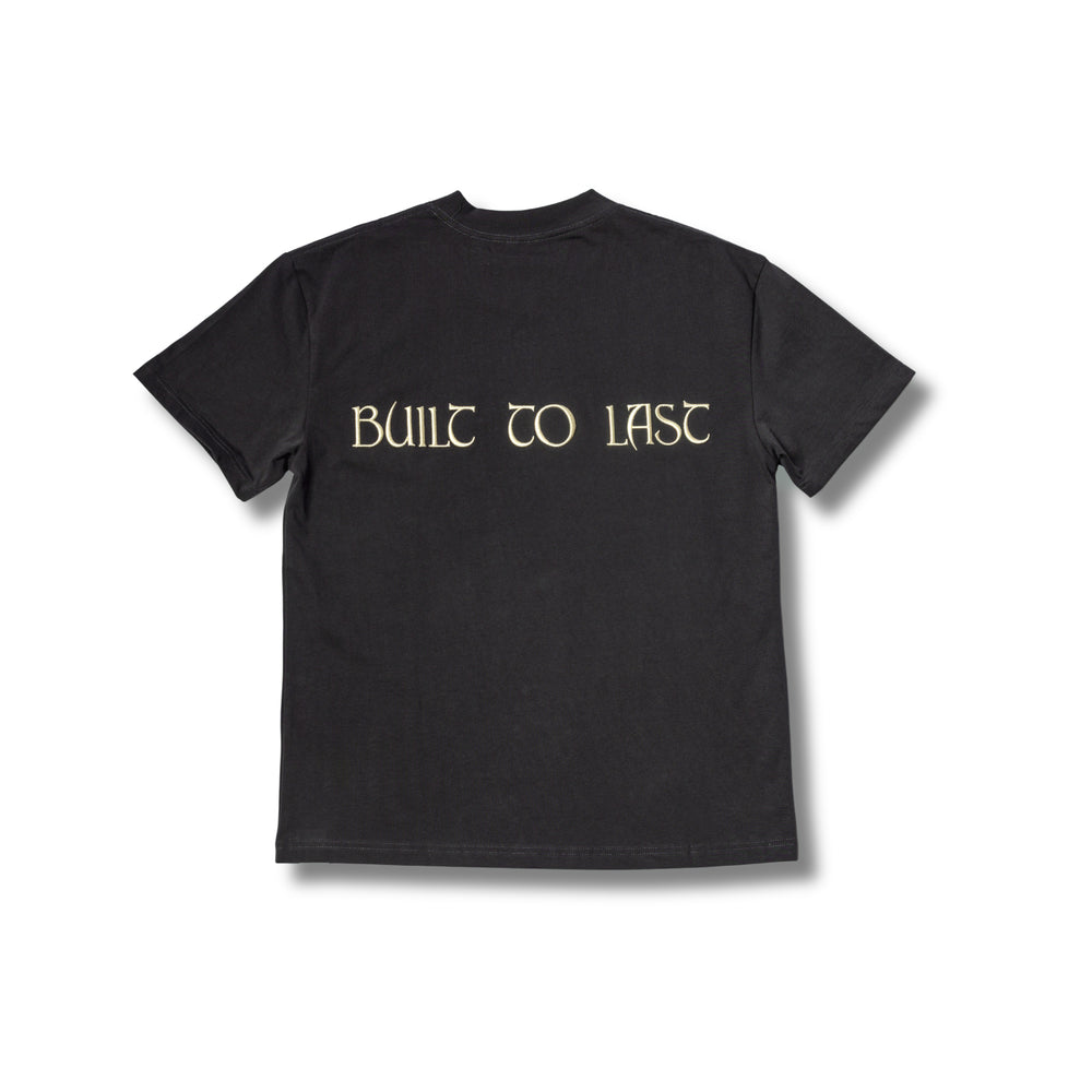 Back view of Built to Last Eternal Tee Granite embroidered back on premium heavyweight cotton T-shirt