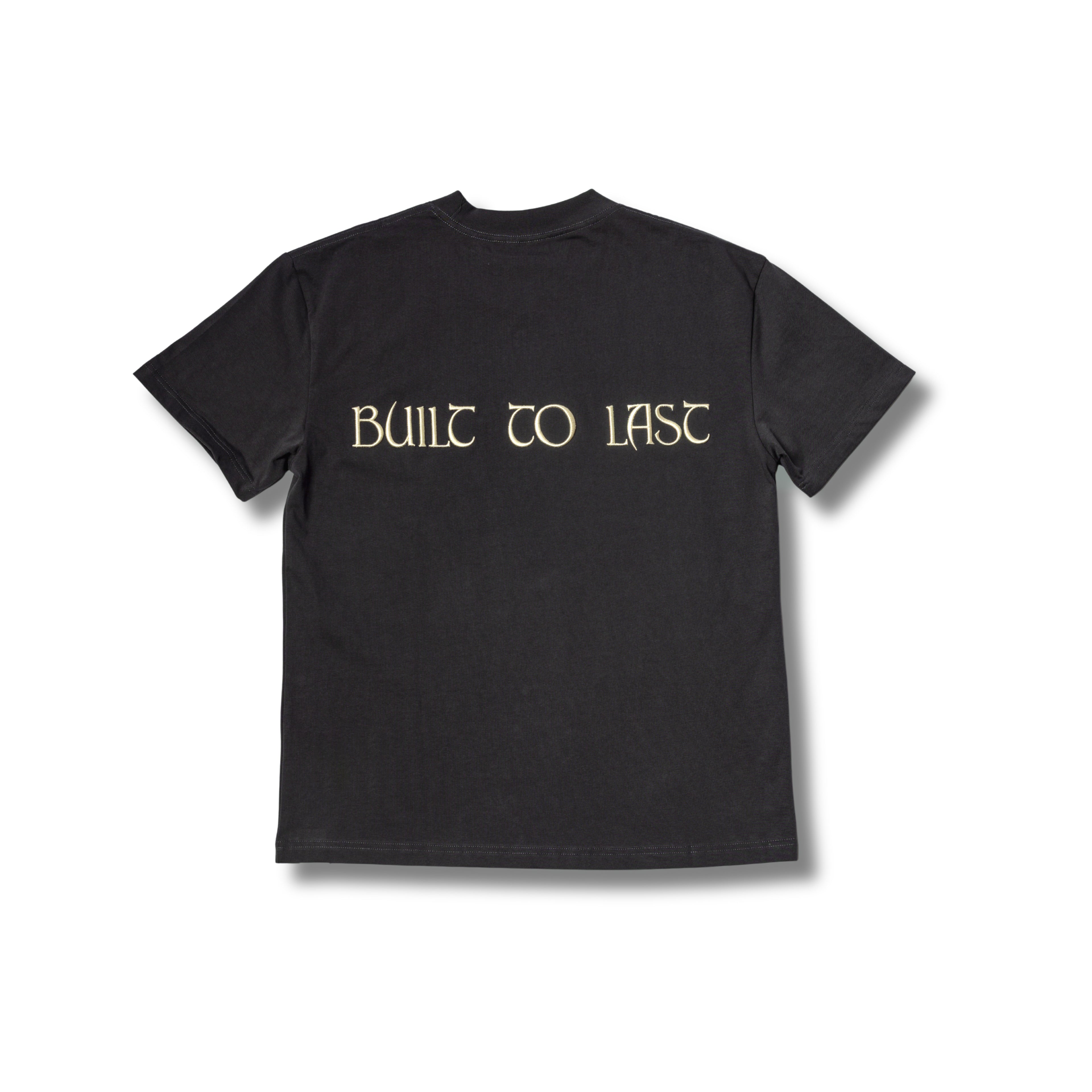 Back view of Built to Last Eternal Tee Granite embroidered back on premium heavyweight cotton T-shirt
