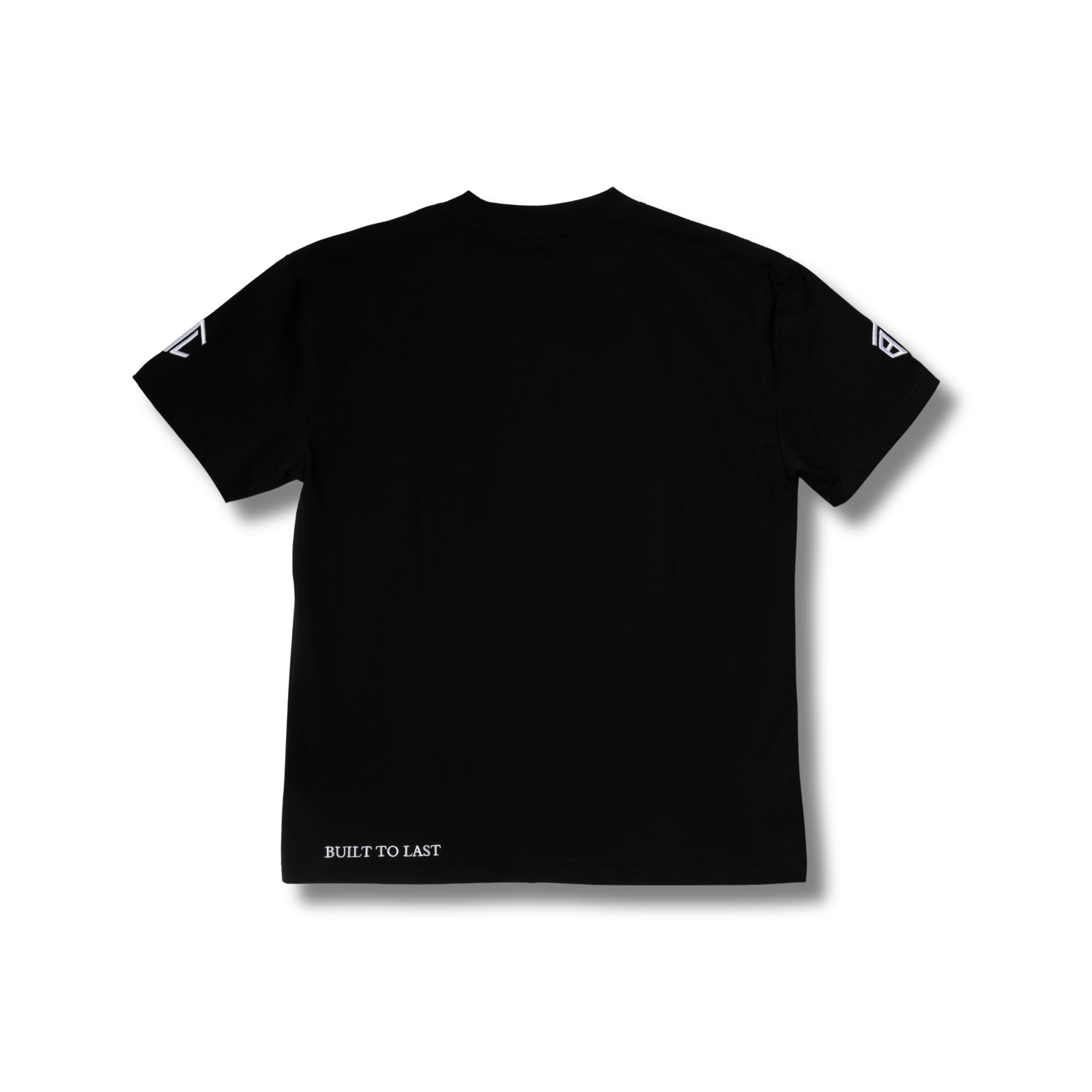 Black t-shirt with 'Built to Last' text on a white background