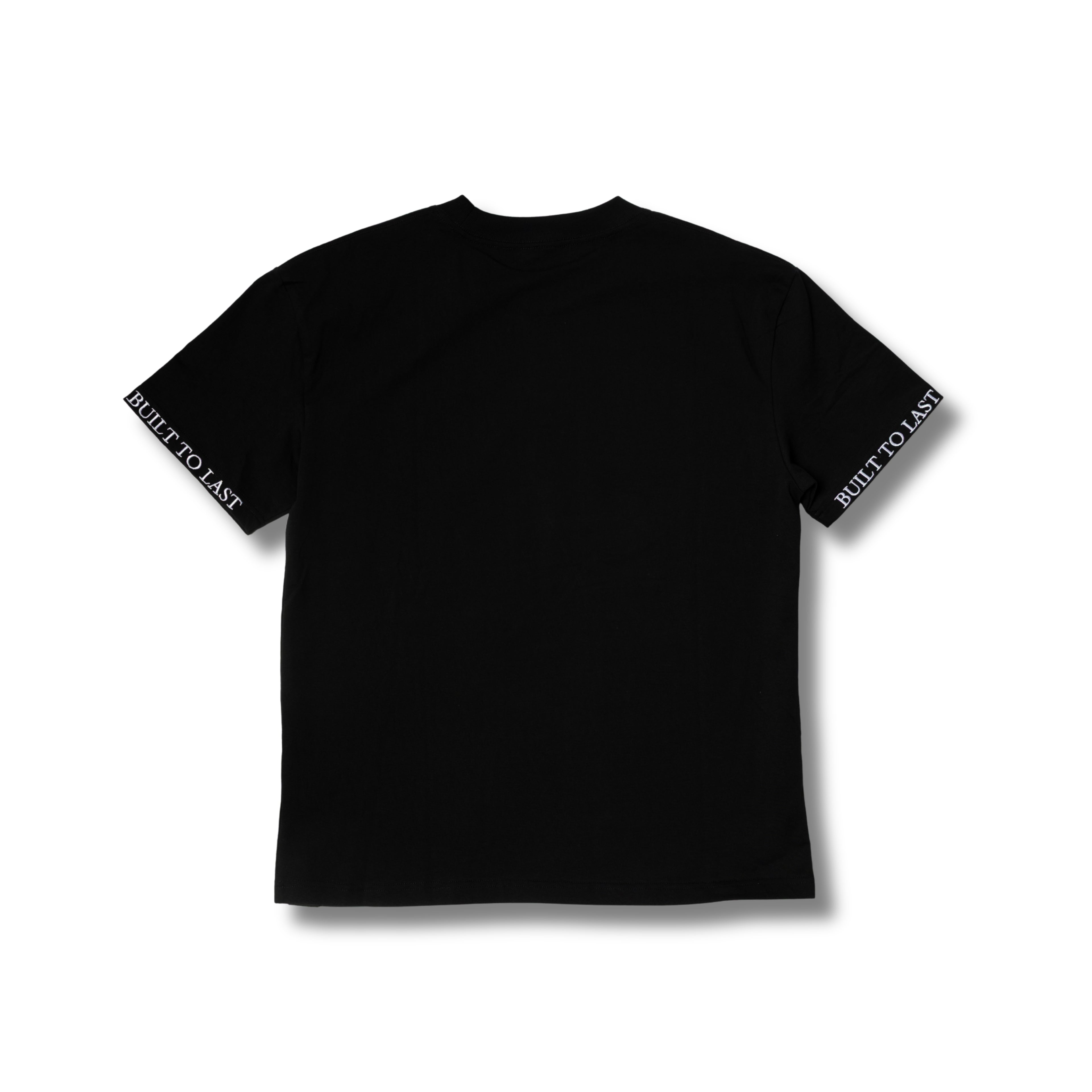 Back view of Built to Last Monolith Tee Black heavyweight cotton T-shirt with minimalist design and branded sleeve print