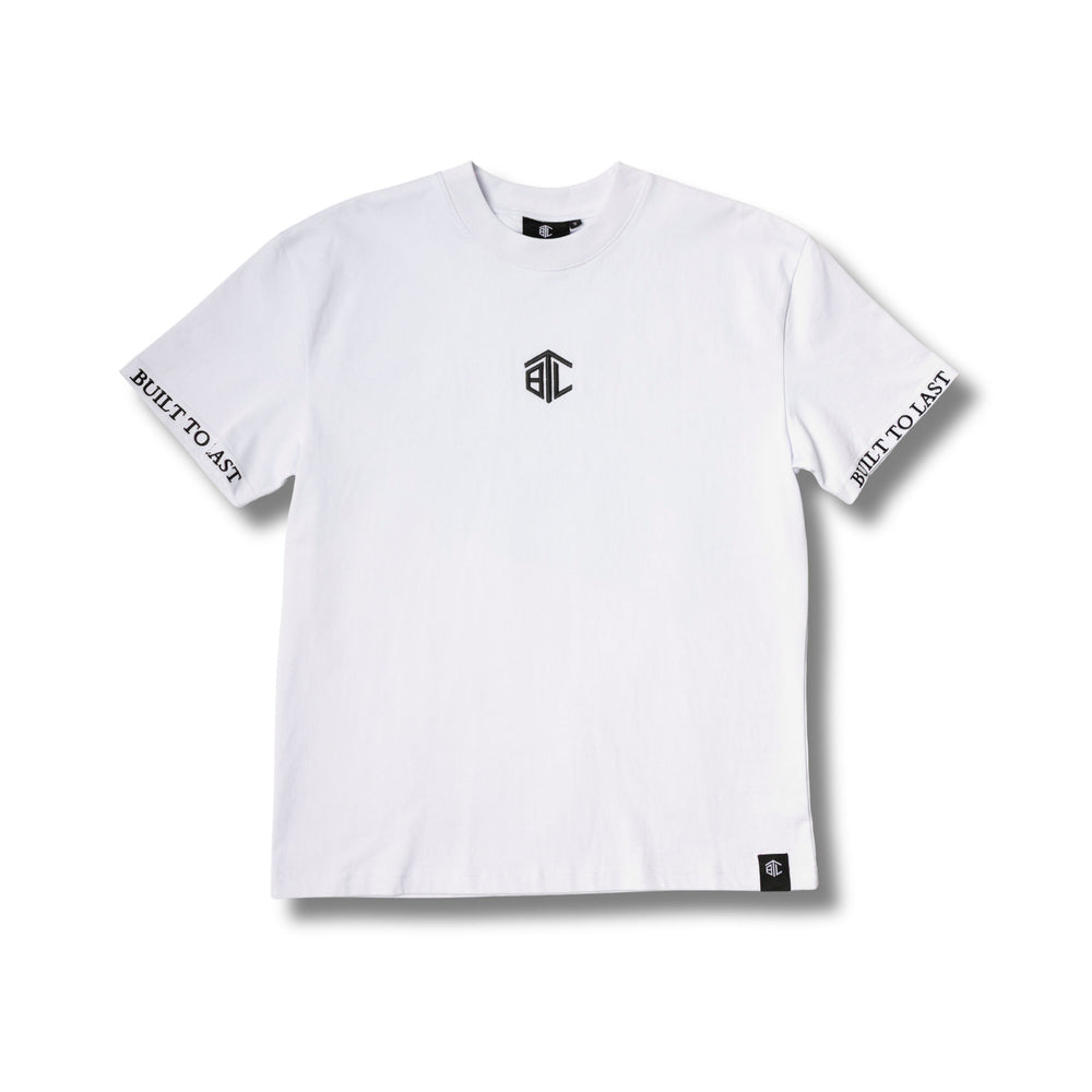 Front view of Built to Last Monolith Tee White heavyweight cotton T-shirt with embroidered chest logo and branded sleeve detail