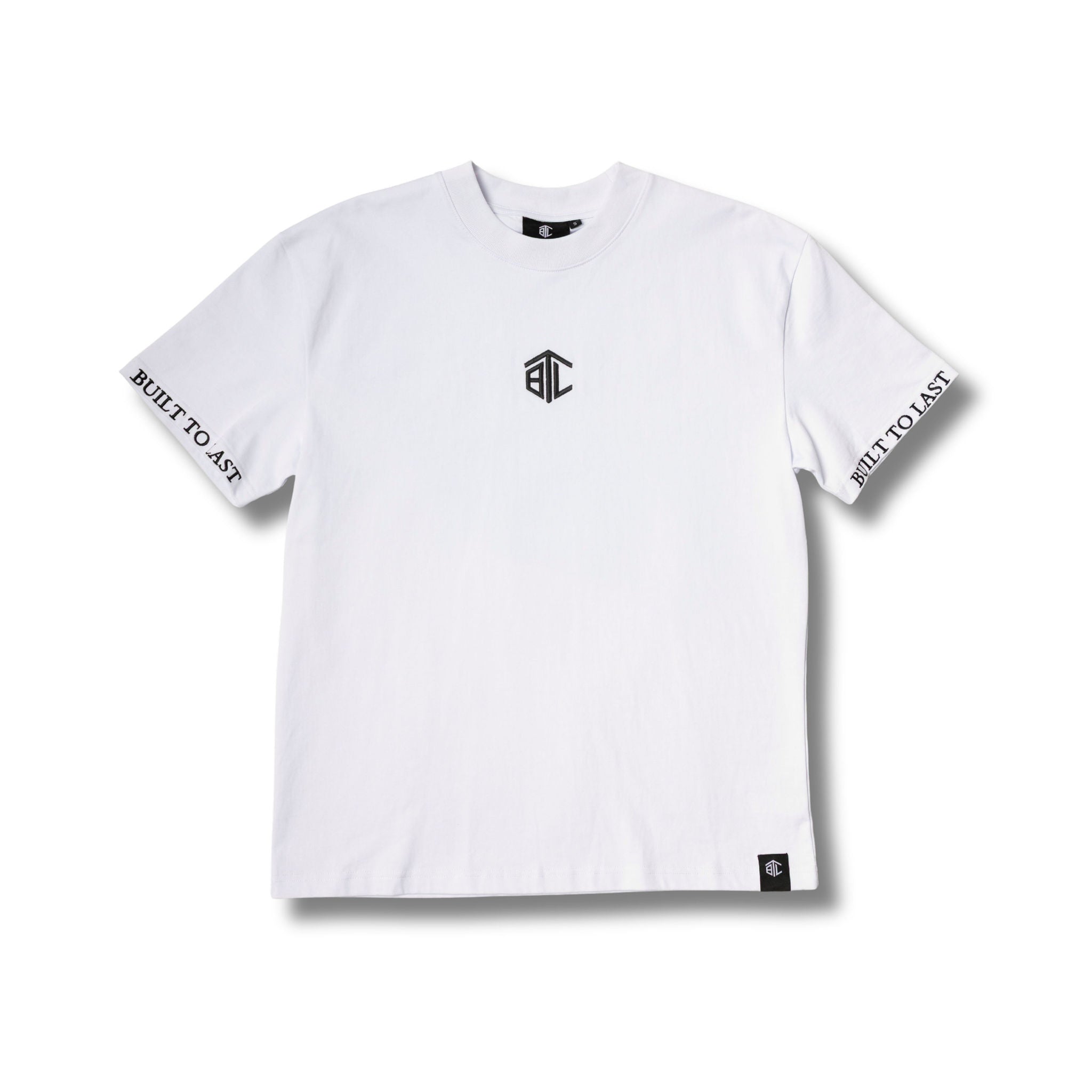 Front view of Built to Last Monolith Tee White heavyweight cotton T-shirt with embroidered chest logo and branded sleeve detail