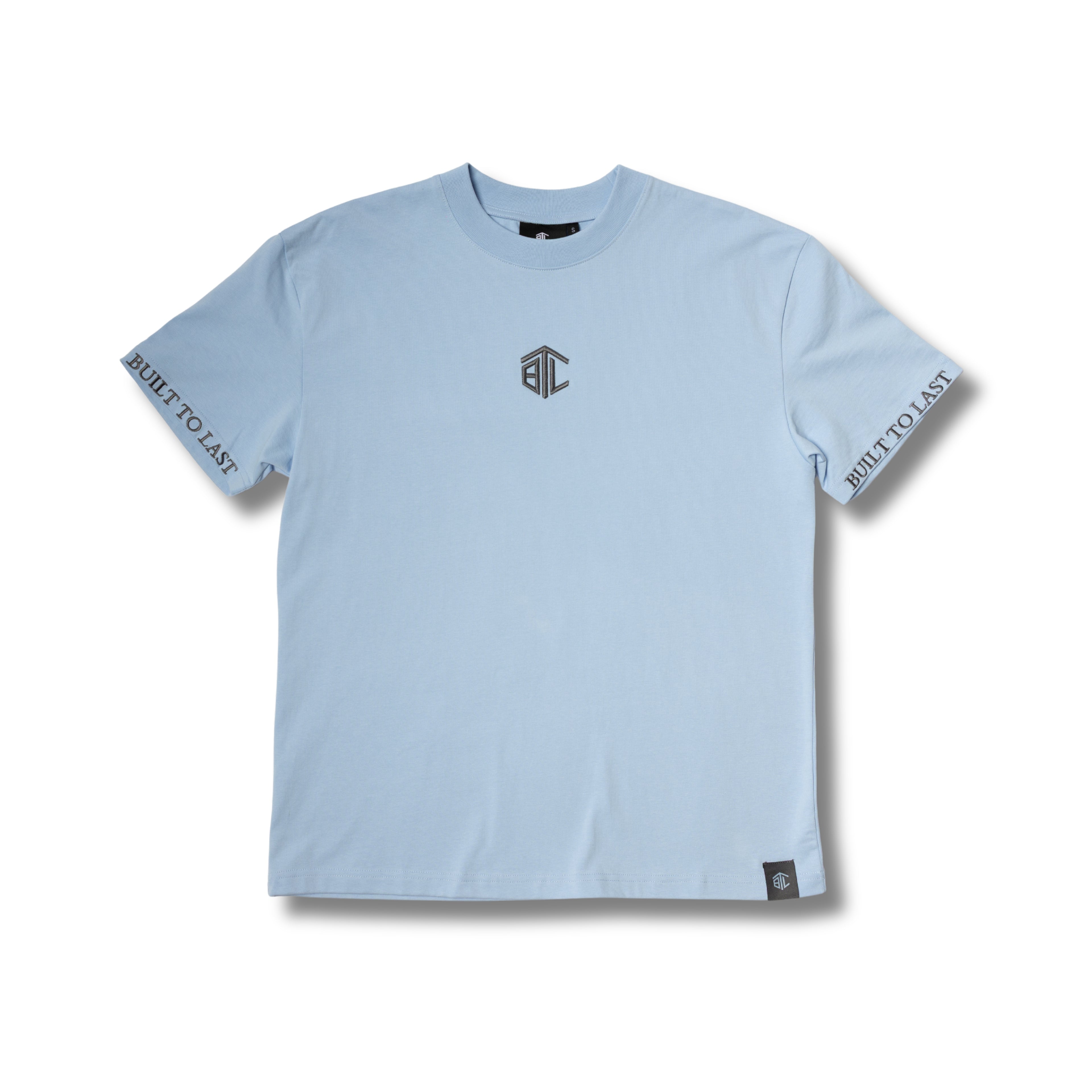 Front view of Built to Last Monolith Tee Blue embroidered chest logo on premium heavyweight cotton T-shirt