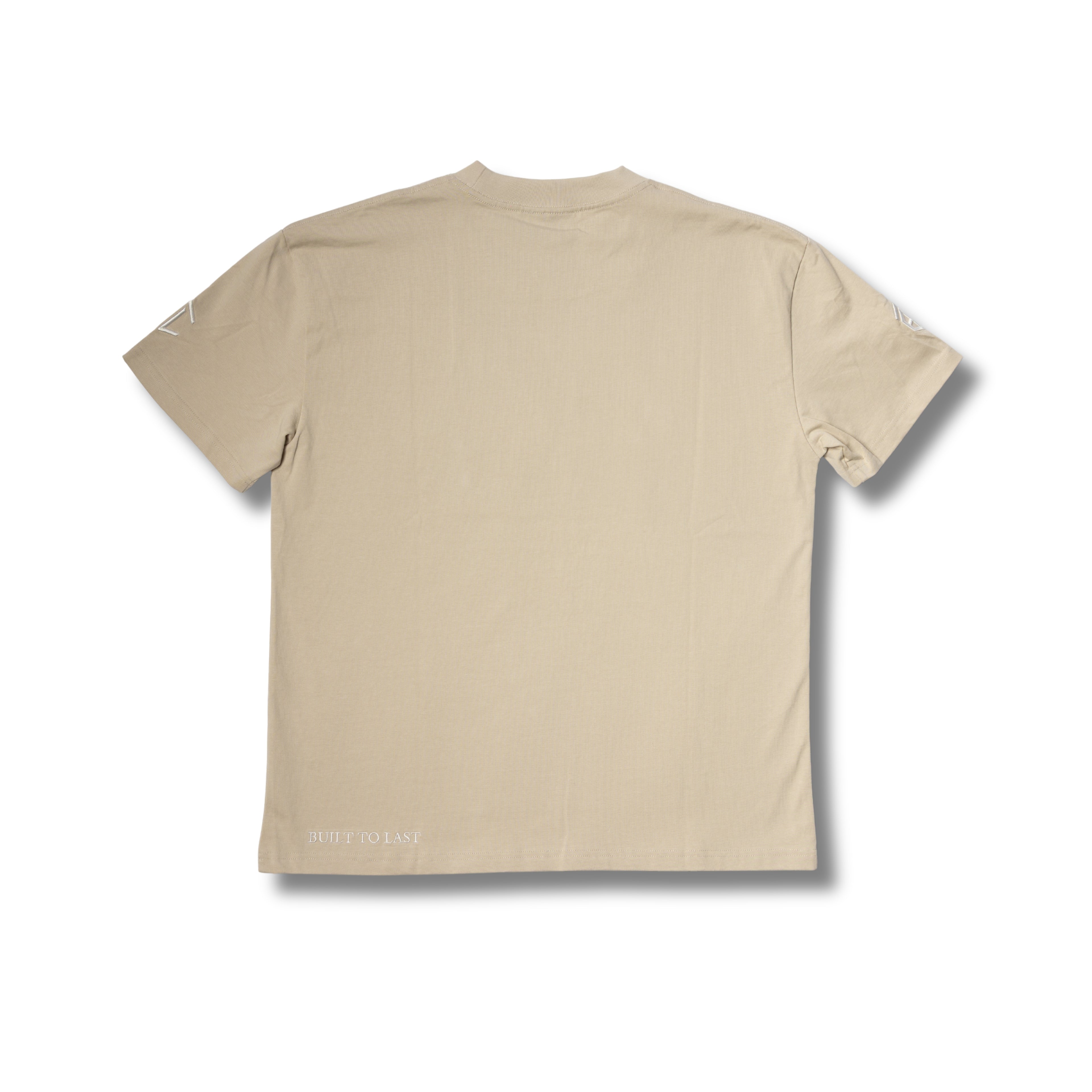 Back view of Built to Last Legacy Tee Champagne heavyweight cotton T-shirt with minimalist design and signature hem branding