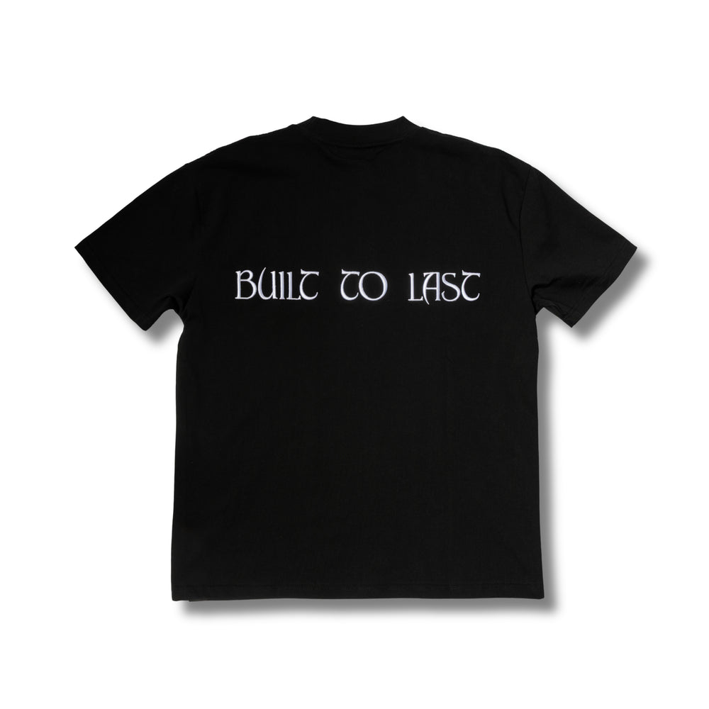Back view of Built to Last Eternal Tee Black premium heavyweight cotton T-shirt with embroidered Built To Last at the back