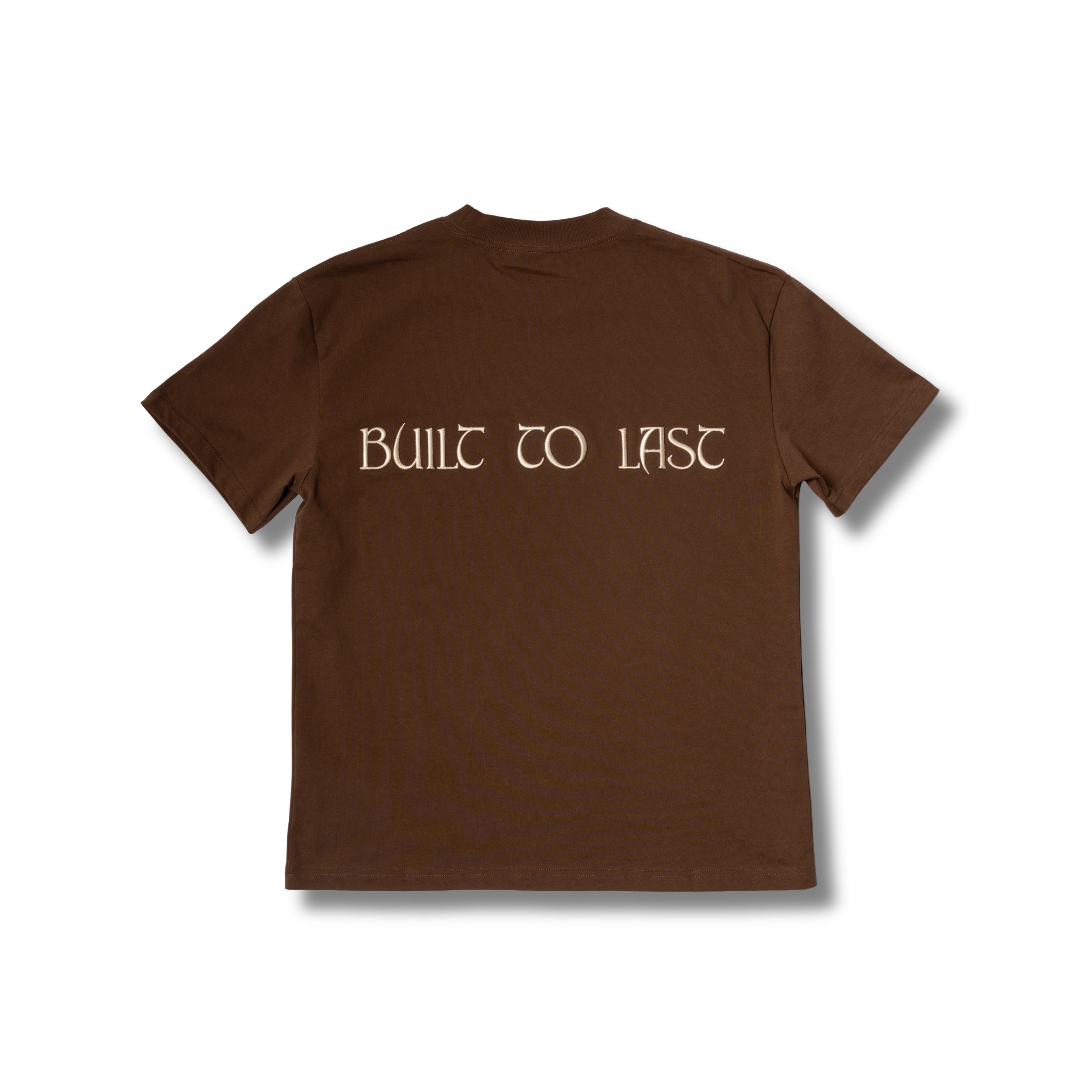 Back view of Built to Last Eternal Tee Chocolate premium heavyweight cotton T-shirt with embroidered Built To Last at the back